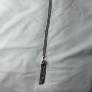 Vintage Signed Monet Silver Tone Double Strand Tassel Necklace